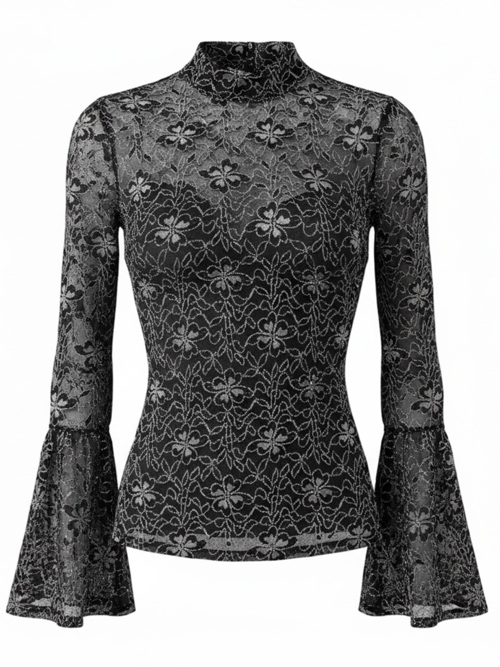 Anne Fontaine Black Silver Metallic Lace Mock Neck Bell Sleeve Top EU 36 US 4